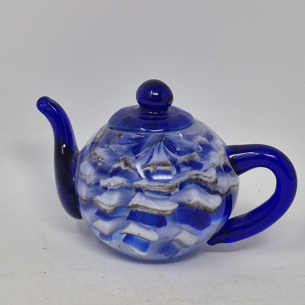 Blue and White Art Glass Teapot Paperweight